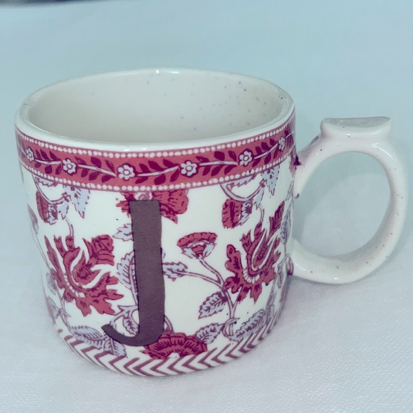 Anthropologie Other - Anthropologie Blockprint Letter J Coffee Tea Mug Pink Burgundy Floral